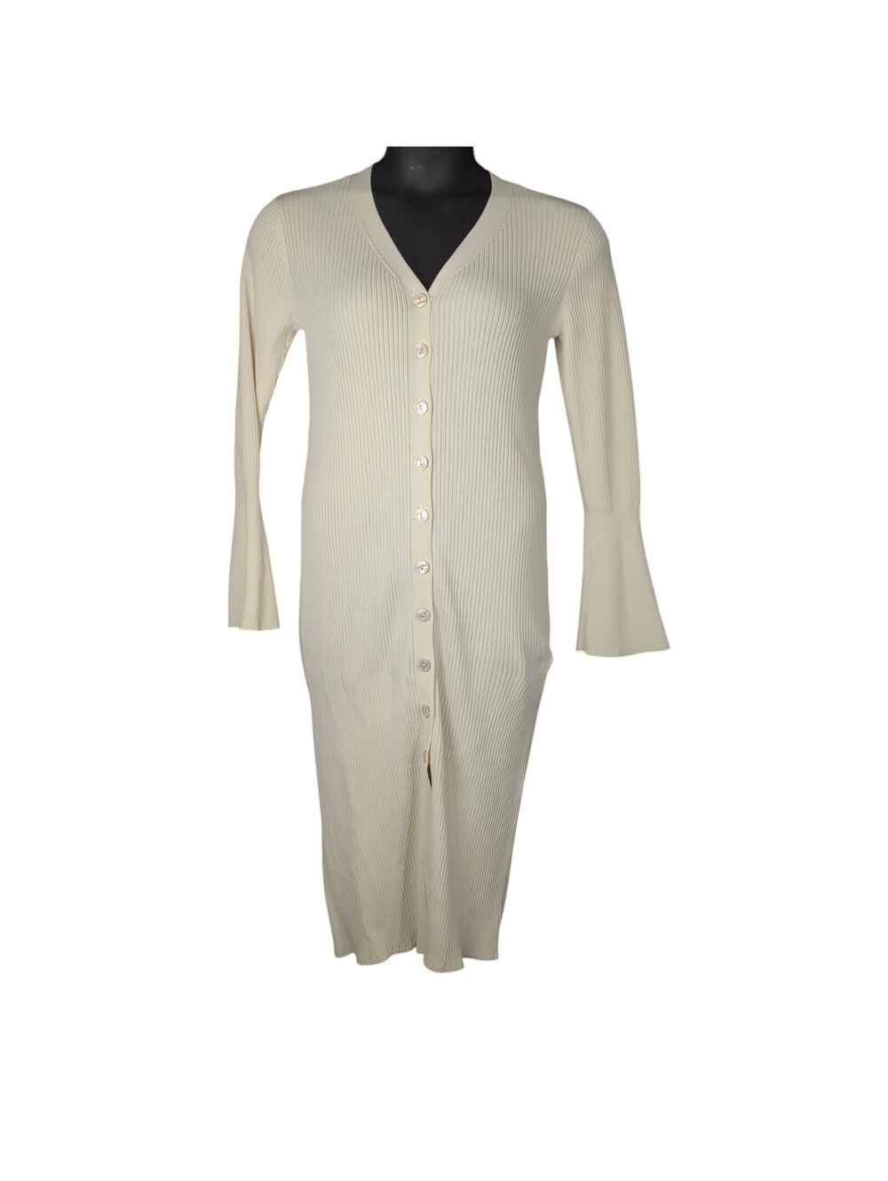 A New Day Ribbed Button Front Midi Sweater Dress Cream Ivory M Bell Sleeve